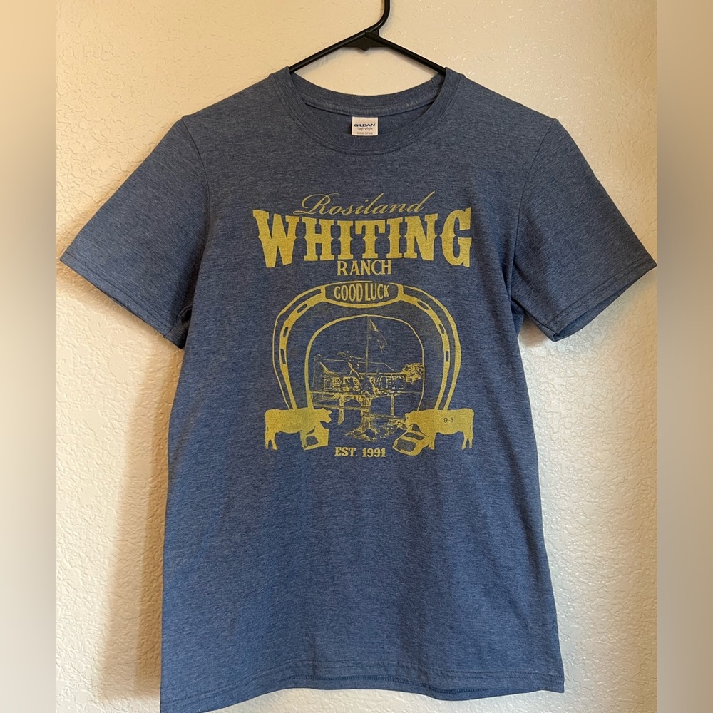 Blue Whiting Ranch Good Luck Horseshoe and Cow T-Shirt with Yellow Ranch Graphic
